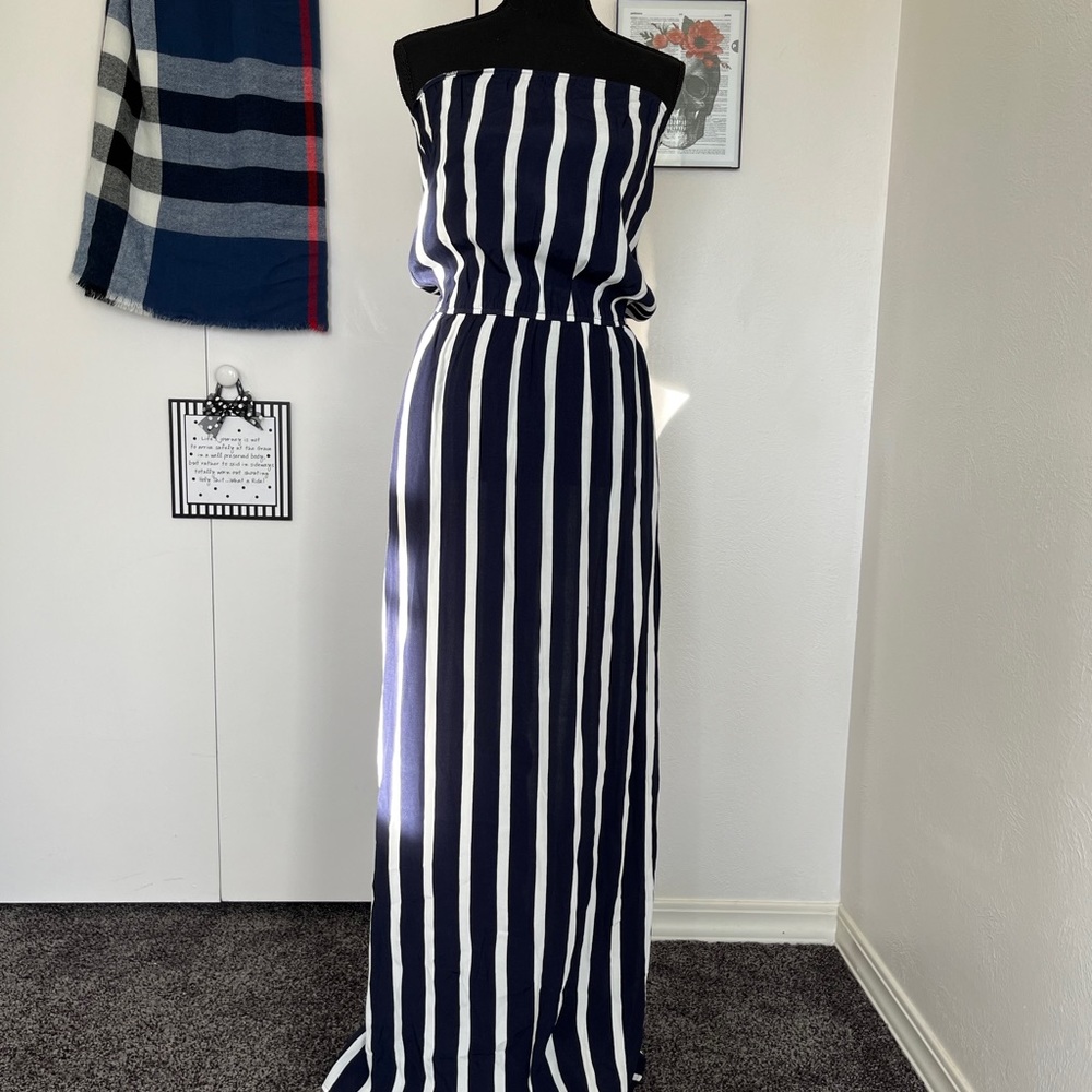 Strapless Navy Blue & White Maxi Dress